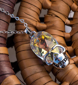 Aurora Borealis Skull Pendant Necklace in 14K White Gold Plating Illum