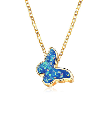 Opal Created Butterfly-Blue 18K Gold Plated Necklace in 18K Gold Plate